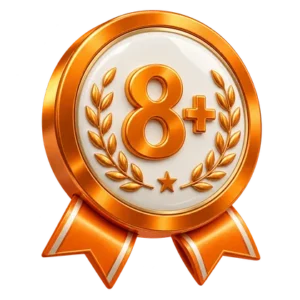 Orange and white award marking over eight years of experience