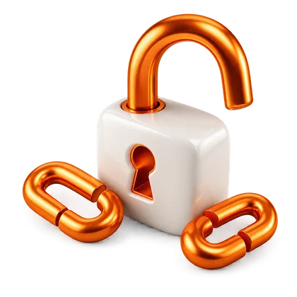Open orange and white padlock with separated chain links
