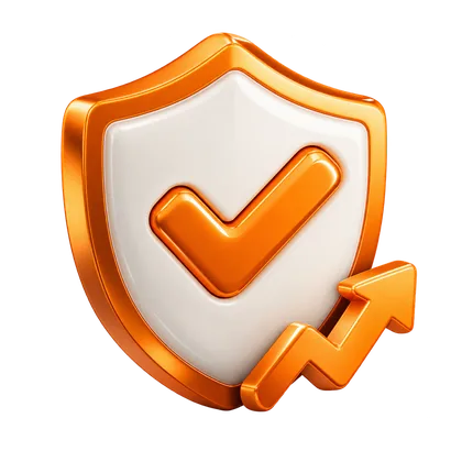 Orange and white shield with checkmark and growth arrow
