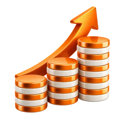Orange and white coin stacks with rising growth arrow